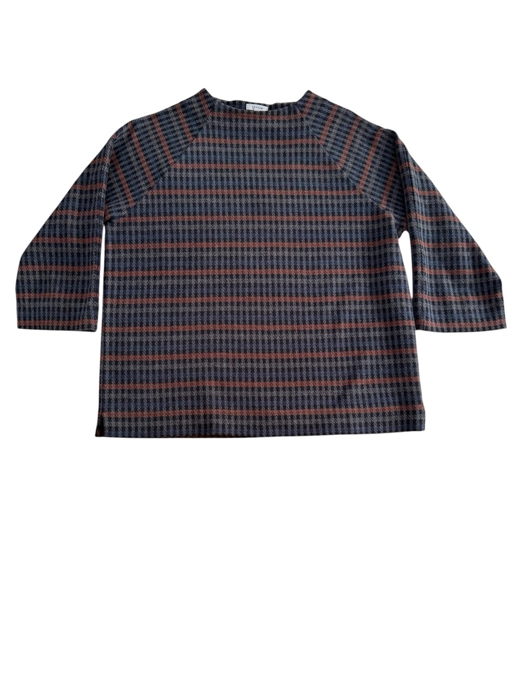 Jigsaw Plaid Check Top Navy Rust Gray 3/4 Sleeve Cotton Medium Portugal